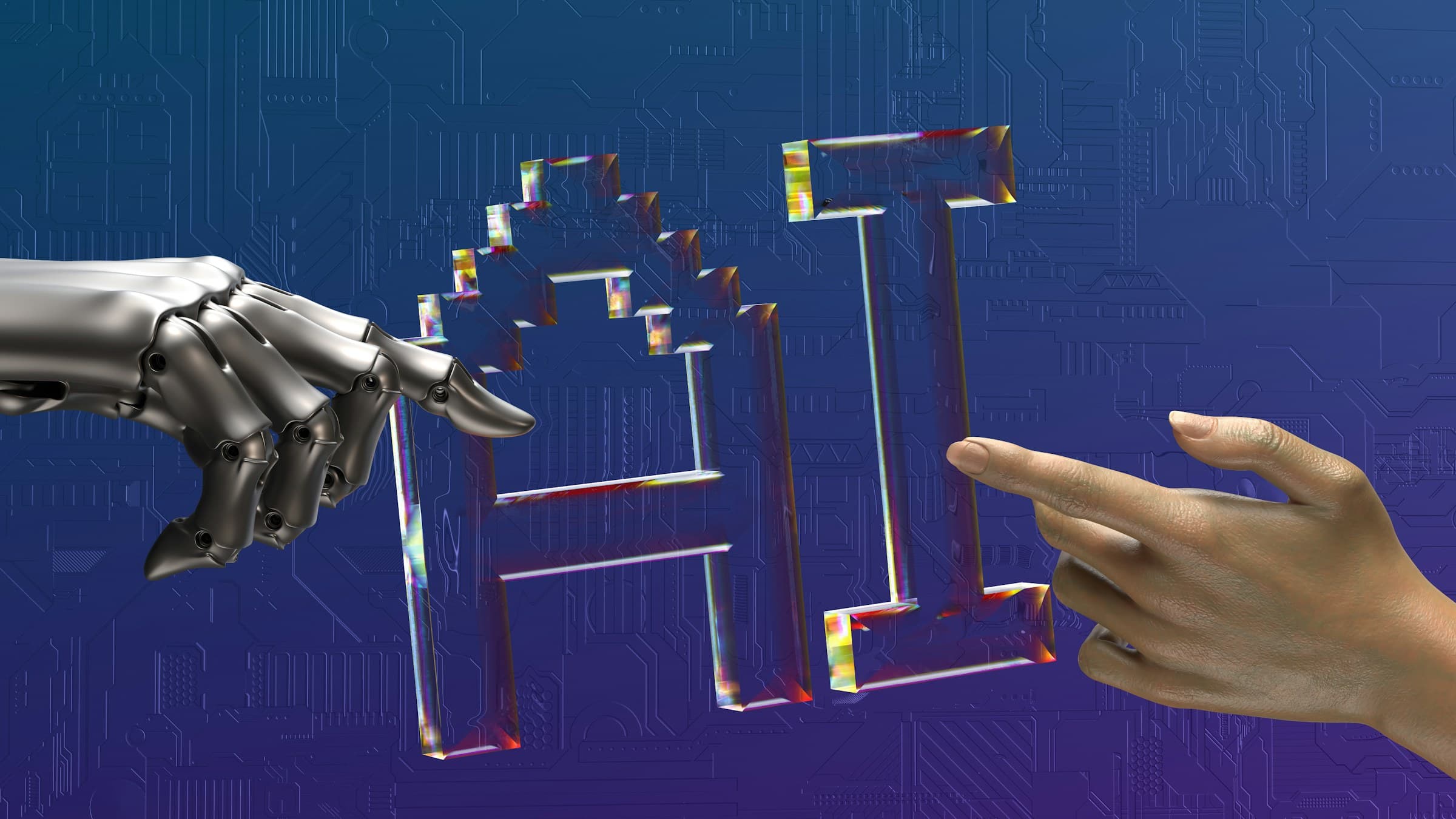 A robot hand and a human hand reaching toward the letters AI, made of glass, on a blue circuit background